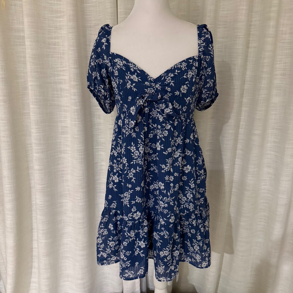 Speechless Women's Blue Floral Print Puff Sleeve Tie Front Mini Dress‎ Size L